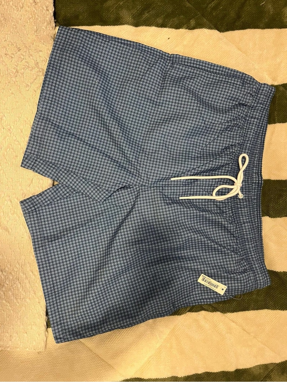 Men's Blue Gingham Swim Trunks with Drawstring Waist